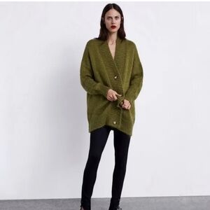 ZARA Oversized Shawl Collar Wool-blend Cardigan Size M OLIVE GREEN